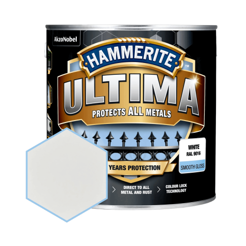 Защитная краска 3 в 1 по металлу на водной основе Hammerite Ultima Smooth, глянцевая, белая RAL 9016, 2.2 л (5774726)