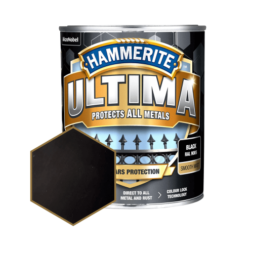 Защитная краска 3 в 1 по металлу на водной основе Hammerite Ultima Matt, матовая, черная RAL 9005, 0.7 л (5774719)